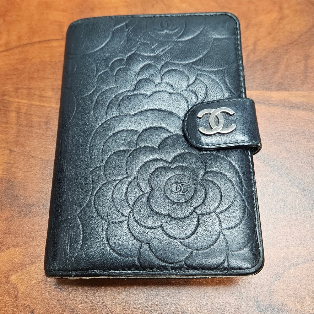 CHANEL Camellia Embossed Lambskin Organizer Wallet Black Silver CC 16 Series